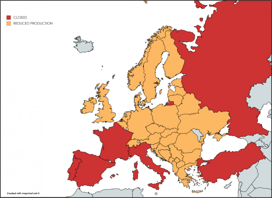 Impact of Covid-19 epidemic on flexible foam production in Europur member countries as of 30 March 2020. (Source: Europur)